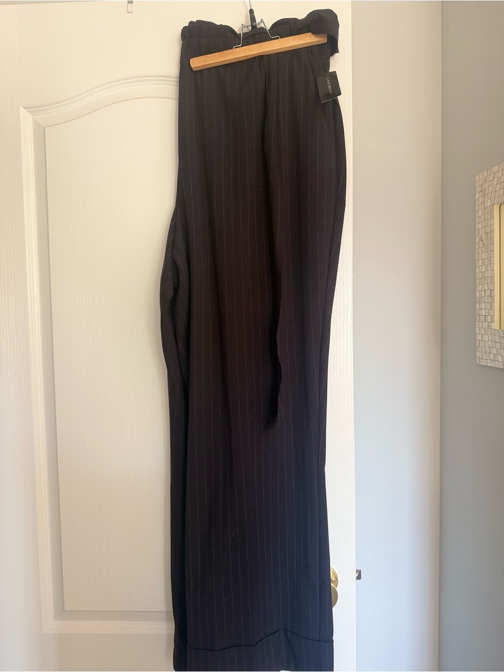 Lane Bryant Brown Pinstripe Wide Leg Pants with cuff and tie belt